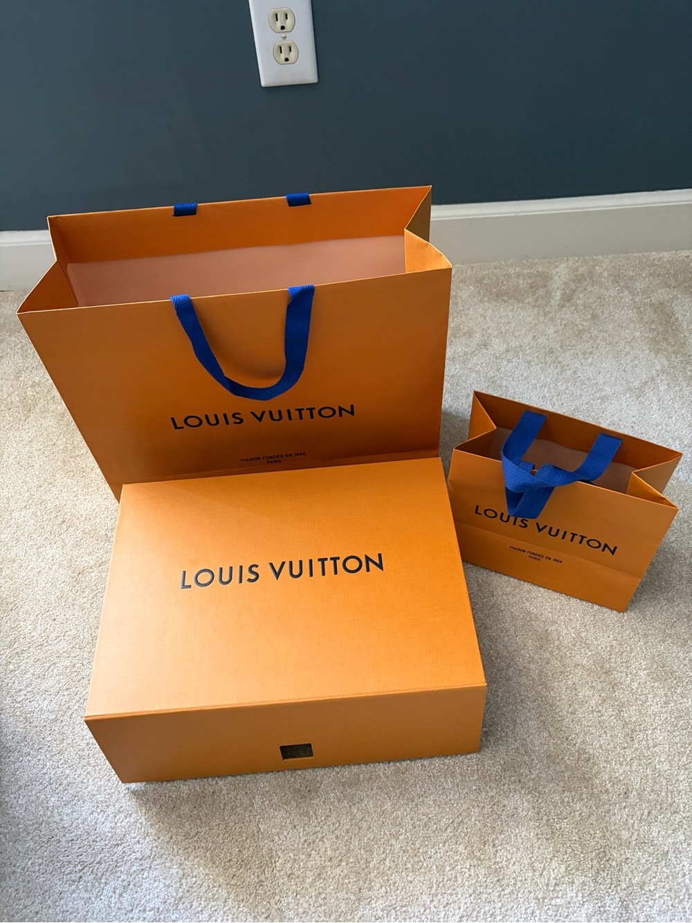 Louis Vuitton Orange Box and Blue-Handle Shopping Bags Set